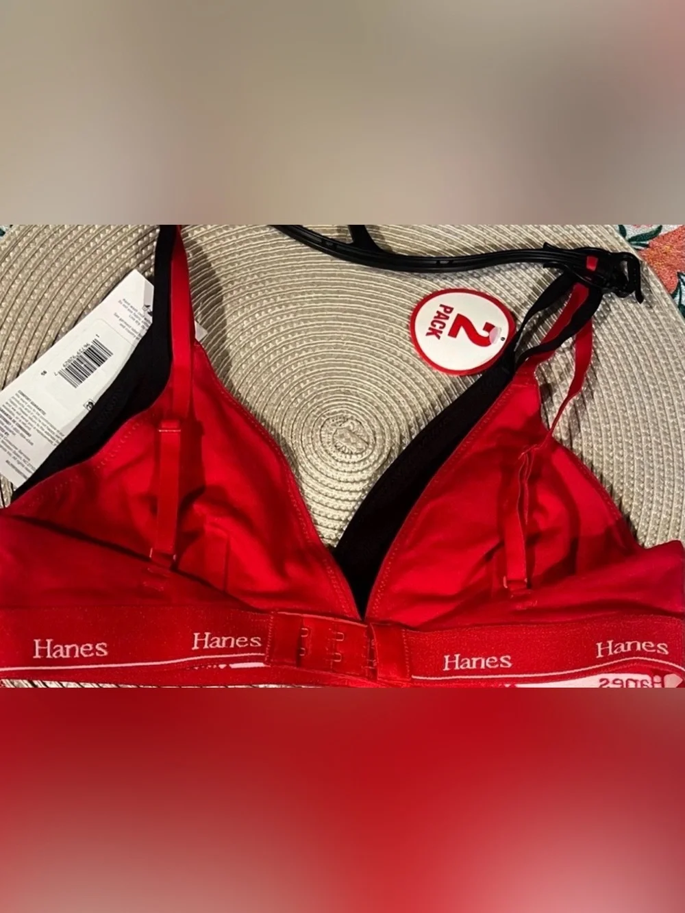 Hanes Originals 2 Pack Cotton Stretch Triangle Bralettes Red & Black XS NWT